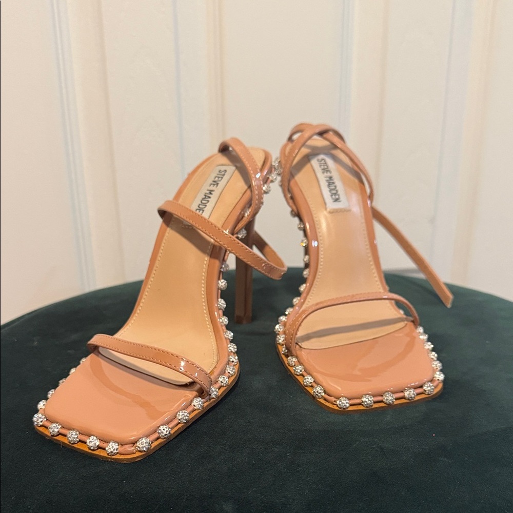 Steve Madden Tan Patent Strappy Heels with Crystal Trim